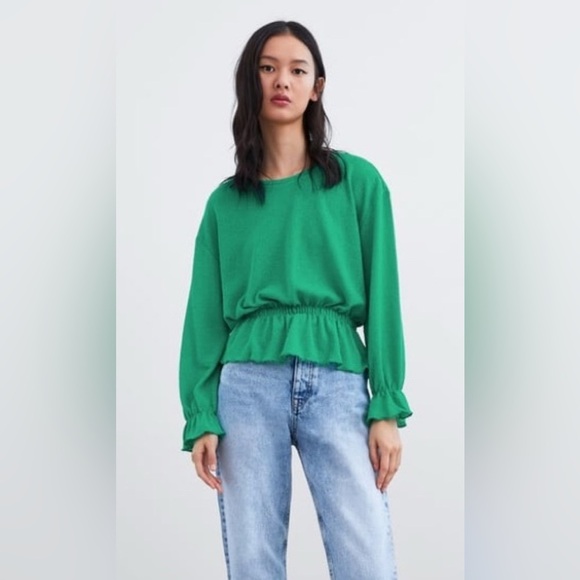 Emerald green long sleeve Zara ruffled peplum top sz small - Picture 1 of 5
